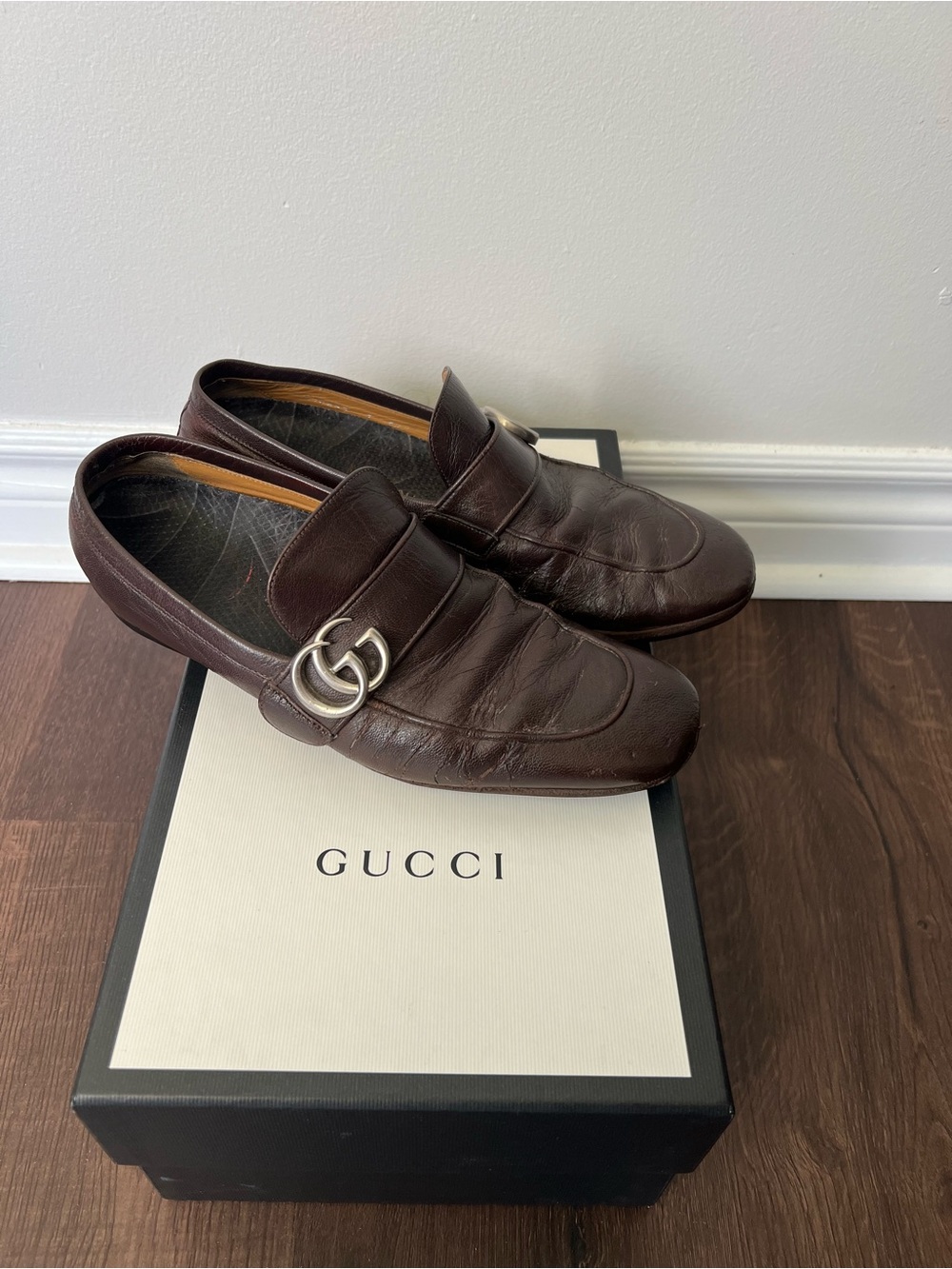 Gucci Brown Leather Loafers with Silver Double-G